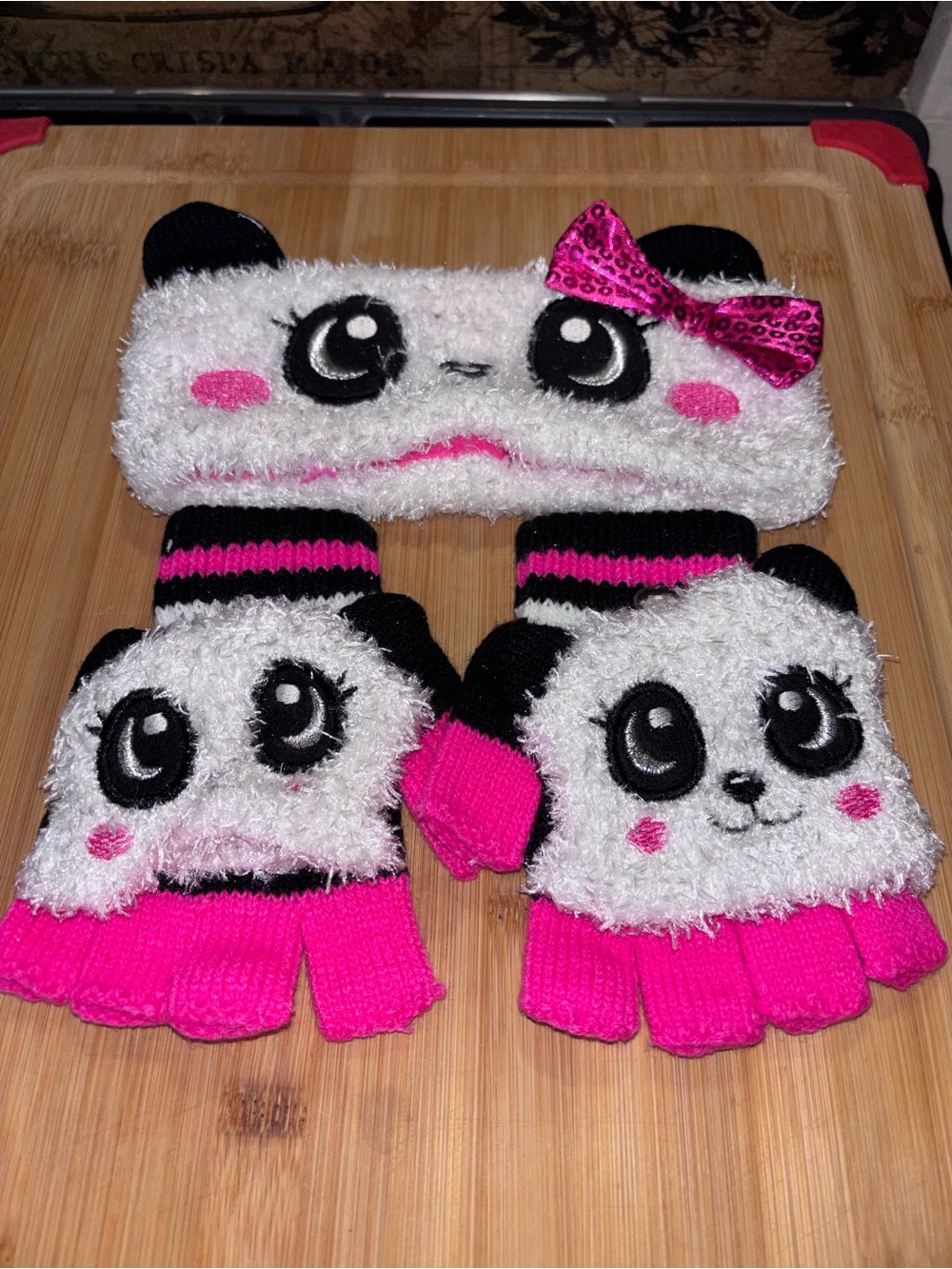 Kids Pink & White Panda Headband and Fingerless Gloves Set by